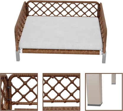 Small Dog Bed, Waterproof Elevated Dog Couch with Washable Removable White Cushion, Boho Rattan Dark Brown Wicker Orthopedic Pet Sofa for Outdoor, Indoor5