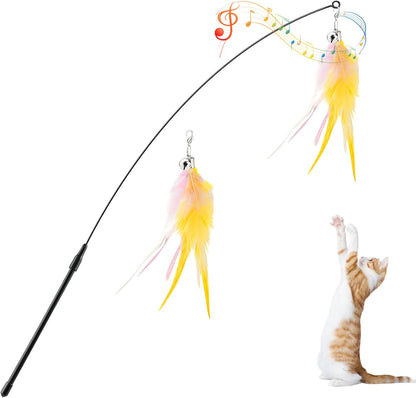 Pawaboo Feather Teaser Cat Toy - Interactive Wand with Extra Long 34.5" Wand and Small Bell, Fun Exerciser Playing Toy for Kittens or Cats, Brown Feather11