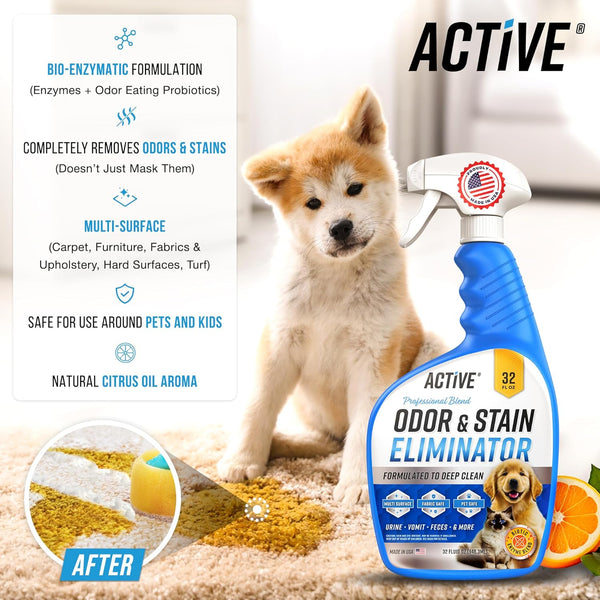 Pet Odor and Stain Eliminator - 32 Oz ACTIVE Enzyme Cleaner for Dog & Cat Urine, Stain Remover Spray for Carpet, Upholstery, Hardwood, Spot Cleaning, Deodorizer for Dogs Cats Pets - Natural Citrus Oil2