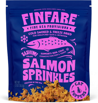 Finfare Freeze Dried Cat Food Toppers, Salmon Sprinkles, Grain Free Meal Toppers for Cats to Support Taste & Nutrition - High Protein & Omega-3S, Crafted in USA, 1.3Oz1