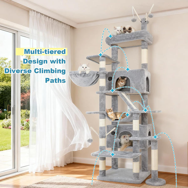 Hey-Brother Cat Tree Tower with Sturdy Supporting Posts, 2 Condos, MPJ082W- | 82.7 Inches Multi-Level Cat Tower with 5 Teaser Toys, Sisal Scratching Posts, Large Bed, Hammock for Indoor Cats, Light Gray5