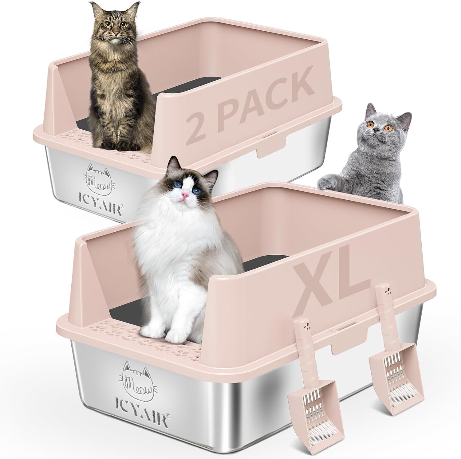 2pack-stainless-steel-cat-litter-box-with-high-sides-lid-extra-large-xl-litter-box-for-big-cats-metal-kitty-litter-boxes-with-anti-leakage-enclosure-non-stick-odorless-scoop-included