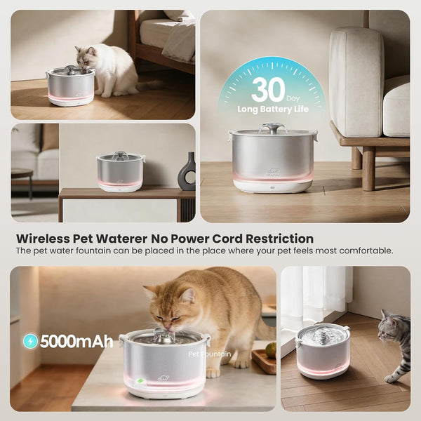 Cat Water Fountain Pumpless Stainless Steel Buckets & Bowl Wireless Pet Water Fountain 2.5L Water Fountains for Cats Indoor Dispenser Easy to Clean BPA -Free White8