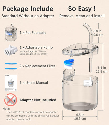 HAPUP Cat Water Fountain Animal Water Dispenser 61OZ/1.8L Automatic Pet Drinking Fountain Clear Upgrade with 2 Filter Replacement 1 Adjustable Silent 1 Water Pump for Cats Kitty Indoor6