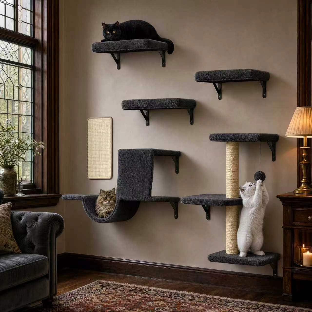 cat-wall-shelves-for-large-cats-stable-safe-kitty-walls-furniture-set-for-40lbs-cats-with-wooden-cat-climber-house-bridge-tree-steps-and-scratcher-for-16-inch-drywall-grey-5-in-1