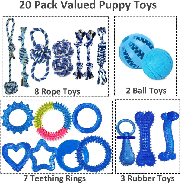 20 Pack Puppy Teething Chew Toys for Small Dogs, Bulk Dog Toys for Puppies | Mixed Blue Rubber Rings, Ropes & Balls, Puppy Teething & Dental Care, Relieves Puppy Boredom, Stops Destructive Chewing2