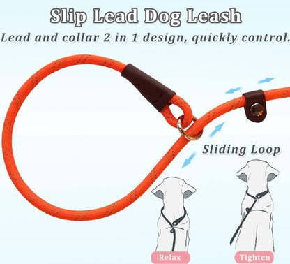 Wyuze 8FT Slip Lead Dog Leash Adjustable Slip Collar Puppy Training Lead | 2 Pack 1/3" Reflective Rope Leash, Lightweight Easy Use for Small Medium Dogs, No-Pull Walking, Black Orange3