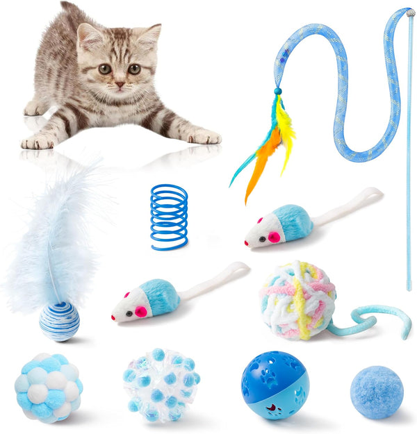 MALLMALL6 10Pcs Cat Toy Set Interactive Cat Toys Pack Including Feather Teaser Wand Cat Springs Mice Crinkle Balls and Pet Bell Balls, Puzzle Toys for Indoor Cats Gift (Pink)9