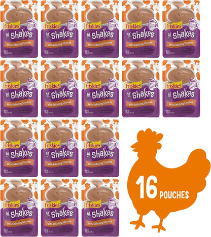 Purina Friskies Pureed Cat Food Topper, Lil’ Shakes with Enticing Chicken Lickable Cat Treats - (Pack of 16) 1.55 Oz. Pouches2