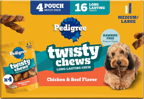Pedigree Twisty Chews Medium/Large Dog Treats, Chicken & Beef, 16 Count | Long-Lasting Dental Chews, Rawhide-Free, Twisted Design, Helps Clean Teeth, Easy to Digest, Includes 4 Packs of 4 Treats1