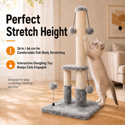 Dimaka Tall Cat Scratching Post, Double Lower Posts Extra Stable Cat Post Tree Scratcher with Sisal Rope and Teasing 4 Balls Total Large Base (Grey)5