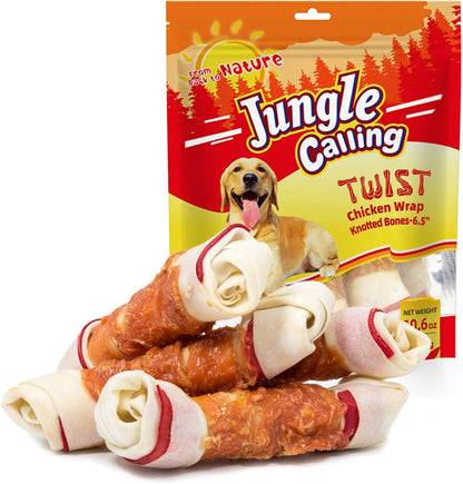 Jungle Calling Chicken Wrapped Rawhide Knot Bones, Long Lasting Dog Chews | 6.5 Inch Rawhide Bones for Medium & Large Dogs, High Protein Beefhide Training Dog Treats, Teeth Cleaning, 10.6 Oz1