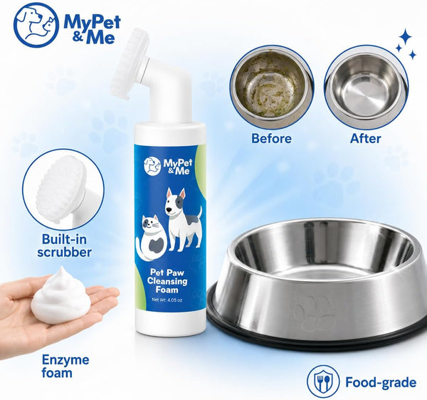 My Pet & Me Pet Bowl Cleaner Mousse with Built-In Scrub Brush, Foaming Dog & Cat Bowl Cleaner for Food & Water Dishes, Toys & Fountains, Removes Grease, Odor & Biofilm, Food-Grade, 4.05 Oz2