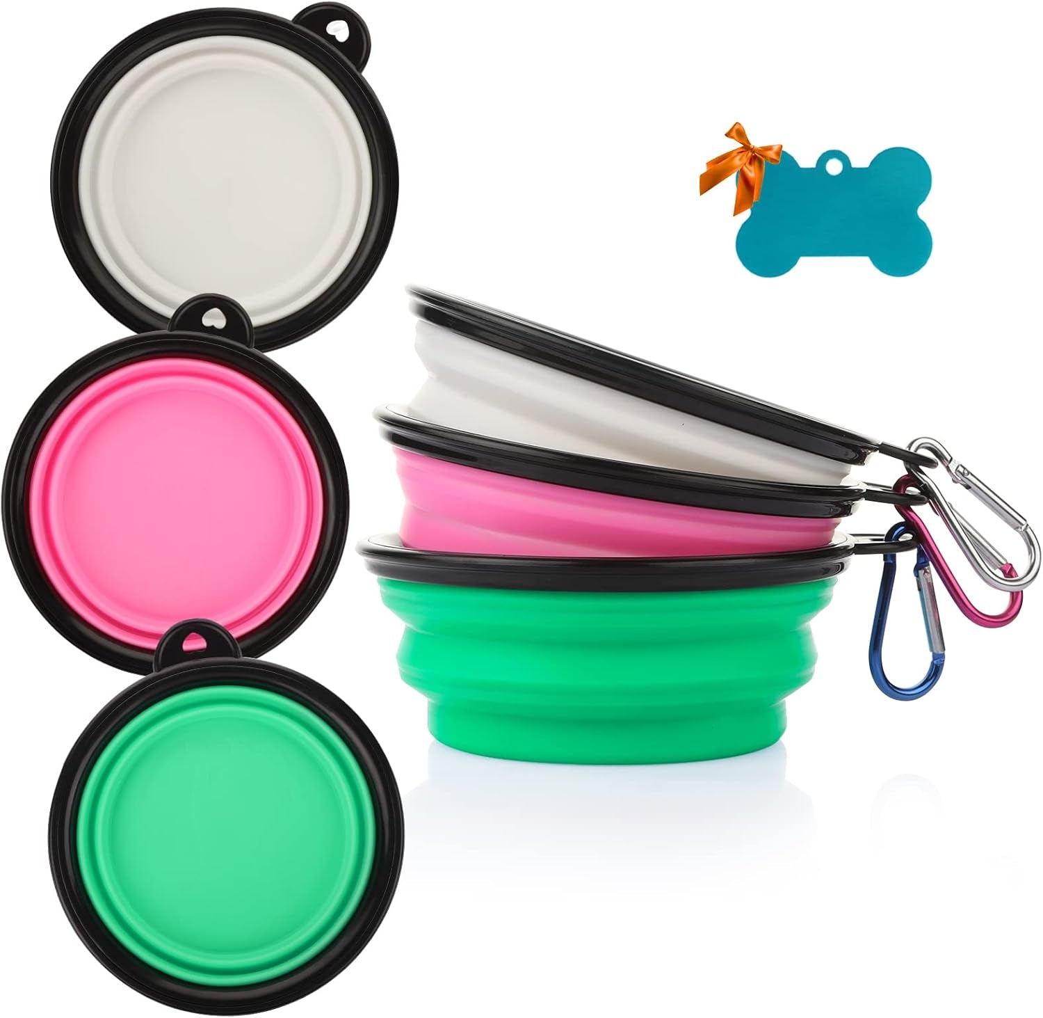 collapsible-silicone-dog-bowls-3-pack-travel-pet-food-water-bowls-orange-green-blue-5-1-in-wide-2-1-in-tall-folds-to-0-5-in-holds-12-oz-water-or-1-5-cups-food-includes-id-tag