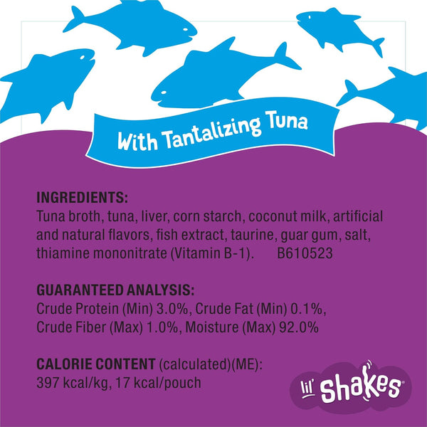 Purina Friskies Pureed Cat Food Topper, Lil’ Shakes with Tantalizing Tuna Lickable Cat Treats - (Pack of 16) 1.55 Oz. Pouches6