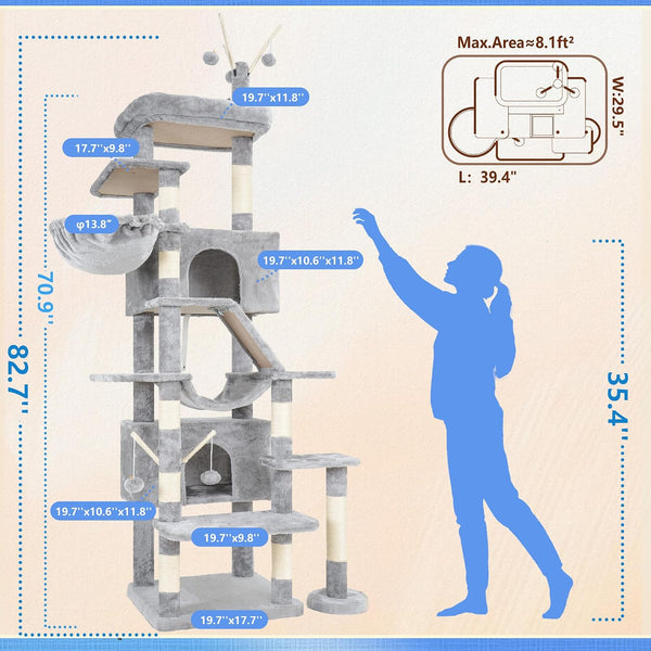 Hey-Brother Cat Tree Tower with Sturdy Supporting Posts, 2 Condos, MPJ082W- | 82.7 Inches Multi-Level Cat Tower with 5 Teaser Toys, Sisal Scratching Posts, Large Bed, Hammock for Indoor Cats, Light Gray2