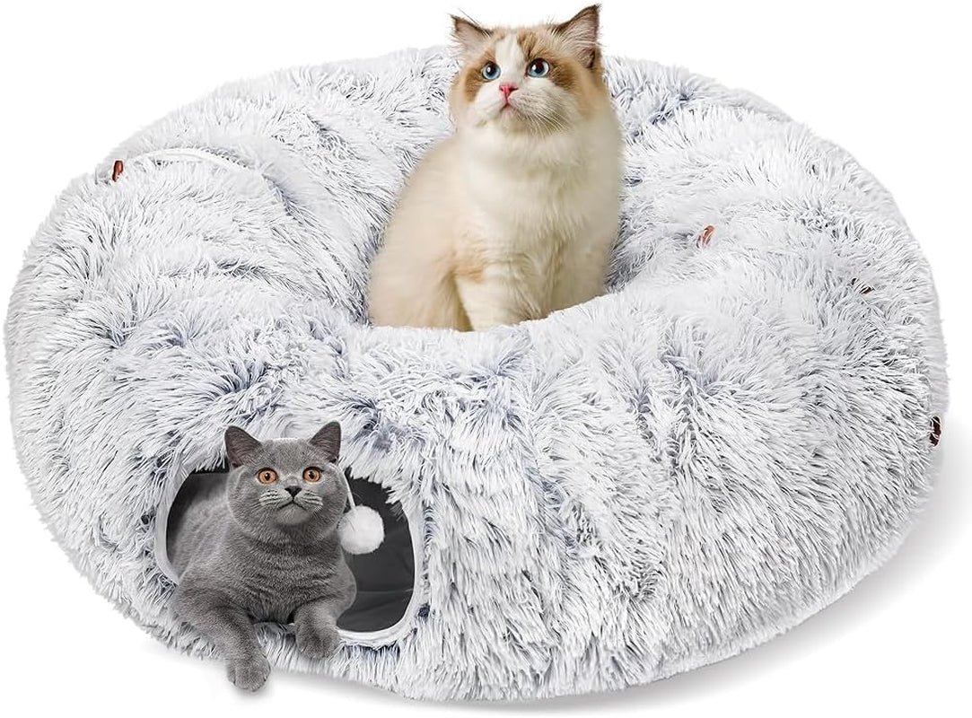 baseola-fuzzy-cat-tunnel-bed-for-indoor-cats-2-in-1-interactive-cat-toys-peekaboo-cat-cave-with-washable-mat-collapsible-cat-play-tunnel-for-kittens-small-pets-plush-cat-donut-bed-tunnel-grey