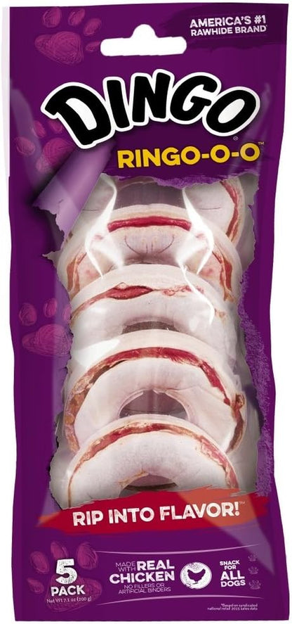 Dingo Ringo Rawhide Dog Treats Made with Real Chicken, 5 Count | Long-Lasting Rawhide with Real Chicken Provides Protein, Natural Chewing Action Promotes Clean Teeth, for Adult Dogs1