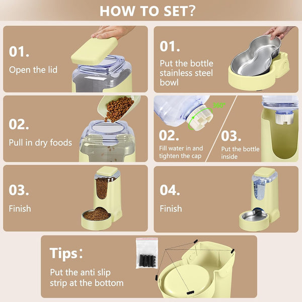 HWONMTE Portable Automatic Cat Feeder and Water Dispenser with Stainless Steel Bowl Dog Gravity Food Feeder and Waterer for Small Medium Pets Puppy Kitten 1 Gallon X 2 (Cream Yellow)6