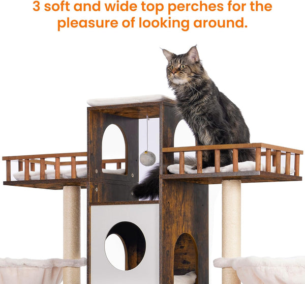 Heybly Cat Tree with Litter Box Enclosure for Indoor Big Cat, Cat Tower for Large Cats 20 Lbs Heavy Duty, Modern Cat Condo Furniture with Scratching Posts, Rustic Brown HCT110SR5