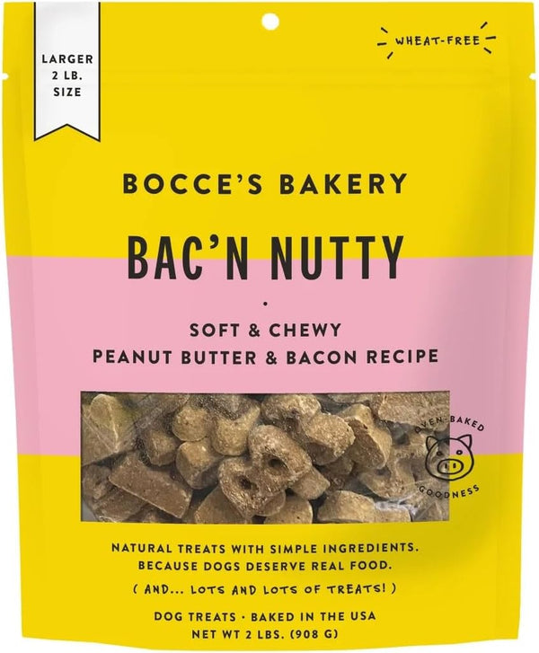 Bocce'S Bakery Bac' N Nutty Soft & Chewy Peanut Butter & Bacon Recipe Natural Dog Treats, Wheat-Free, 2 Lb (Pack of 1) | All-Natural Recipe with Real Ingredients Baked in Small Batches—Ideal Training Rewards or Everyday Snacks for Dogs1