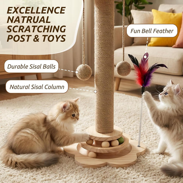 Scratching Post - 4 in 1 Cat Scratch Post, Interactive Cute Small Wooden Cat Scratcher with 2 Level Catnip Toys Balls & 2 Sisal Hanging Balls for Indoor Kitten Kitty2