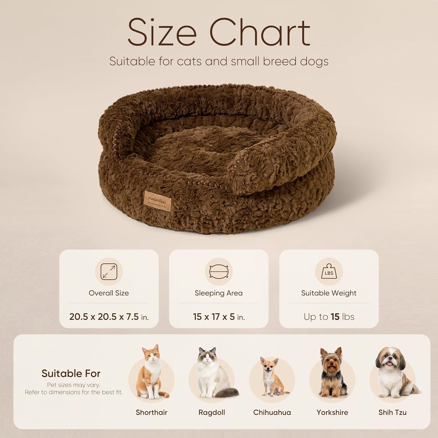 fukumaru-round-cat-bed-plush-washable-calming-dog-bed-with-low-entry-raised-bolster-small-dog-bed-soft-cozy-donut-cat-bed-for-indoor-cats-faux-rabbit-fur-anti-slip-bottom-20-inch-brown