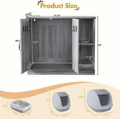 Extra Large Cat Litter Box Enclosure with Litter Collector, Hidden Litter Box Furniture Cabinet with Power Outlet & Storage Shelves, Cat House for Automatic Litter Boxes, Gray3