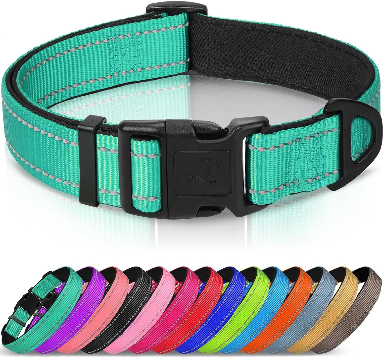 joytale-reflective-dog-collar-adjustable-neoprene-padded-teal-l-breathable-nylon-for-large-dogs-no-chafing-on-walks-and-outdoor-hikes-tear-resistant-webbing-metal-d-ring-night-safety