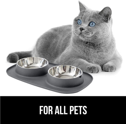 GORILLA GRIP Patented Dog Bowl Set with Slip Resistant Silicone Feeding Mat, Food Grade 304 Stainless Steel Bowls, BPA Free High Edge Spill Containment Dishwasher Safe, Finger Notch Removal 2 Cup Gray8