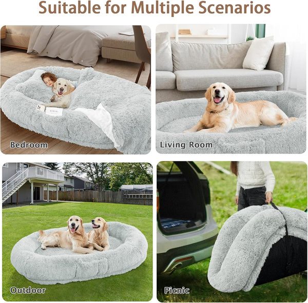 ROOMTEC Human Dog Bed, 71''X45''X12'' Size Fits Adult and Pet Washable Giant People Bed 10 CM Thick Memory Foam Large Oversize Pet Bed with Plump Pillow, Blanket, Strap - Grey7