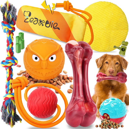 Zeaxuie 12 Pack Heavy Duty Various Dog Chew Toys Pack for Aggressive Chewers - Includes Large Rope Toy, Squeaky Toys & Indestructible Chew Bone for Medium, Large & X-Large Breeds Dogs10