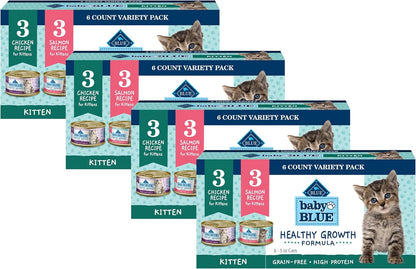 Blue Buffalo Baby Blue Natural Kitten Wet Cat Food Paté Variety Pack, Healthy Growth Formula with DHA, High-Protein & Grain-Free, Chicken and Salmon Recipes, 3-Oz Cans (6 Count, 3 of Each)13