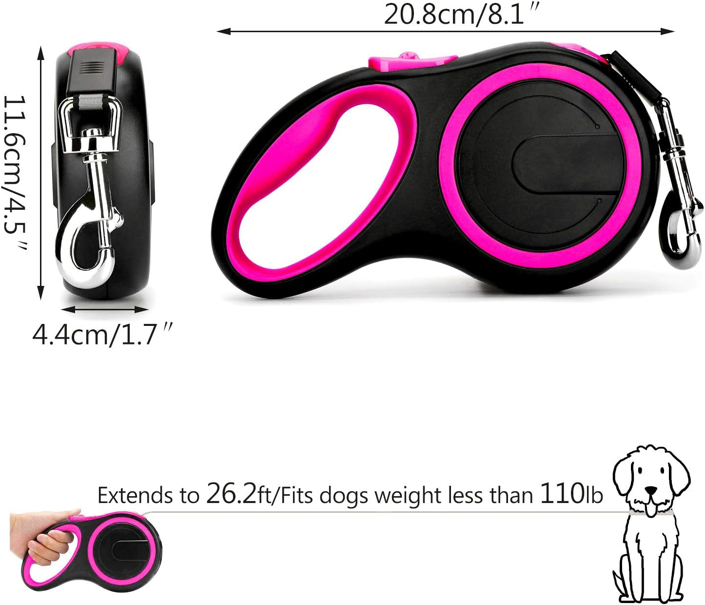 segarty-26ft-dog-leash-retractable-8m-dog-leads-long-for-medium-large-breed-pets-44-110lbs-no-tangle-nylon-tape-and-1-button-break-lock-heavy-duty-leash-for-training-running-pink