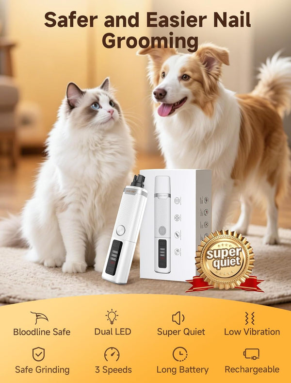 Dog Nail Grinder Whisper Quiet & Safe for Sensitive Dogs and Cats | Low Vibration Pet Nail Trimmers, 3-Speed, LED Lights, 8 Hours Runtime, Rechargeable Ergonomic Grooming for All Sizes & Breeds2