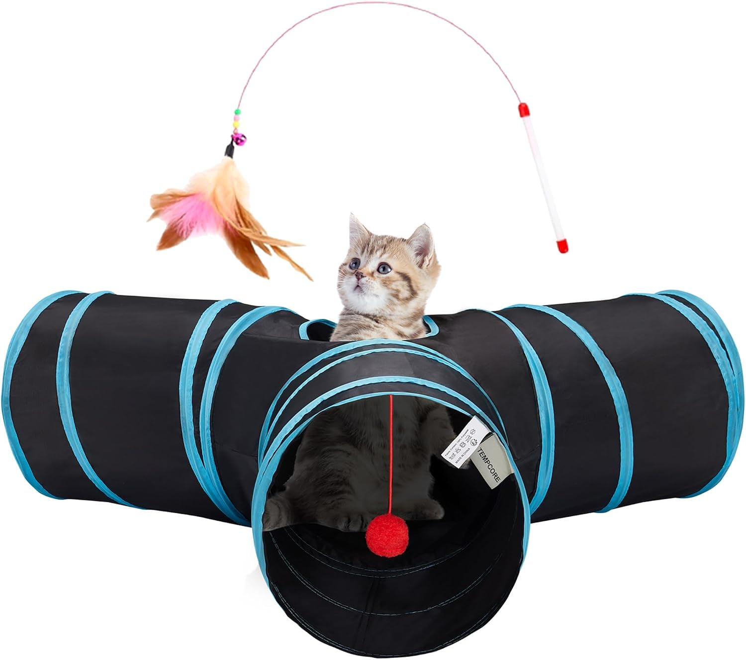 tempcore-pet-cat-tunnel-tube-toys-3-way-collapsible-tunnels-for-indoor-cats-interactive-tube-with-teaser-wand-peek-holes-hanging-ball-black-blue