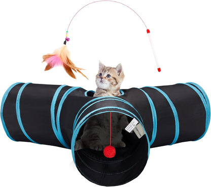 Tempcore Pet Cat Tunnel Tube Toys 3 Way Collapsible, Tunnels for Indoor Cats, Interactive Tube with Teaser Wand, Peek Holes & Hanging Ball, Black & Blue19
