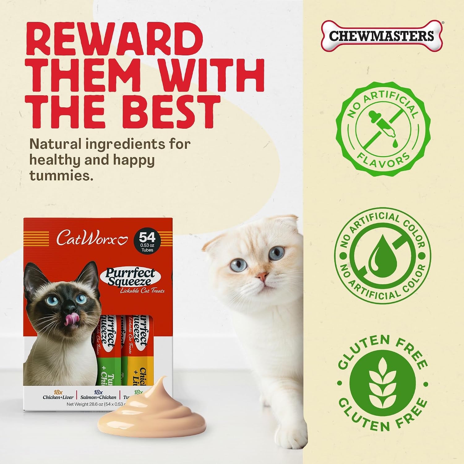 catworx-by-chewmasters-purrfect-squeeze-lickable-soft-cat-treats-54-pack-creamy-puree-squeeze-tubes-for-kittens-and-adult-cats-hand-feeding-snack-or-food-topper-training-reward-0-53-ounce
