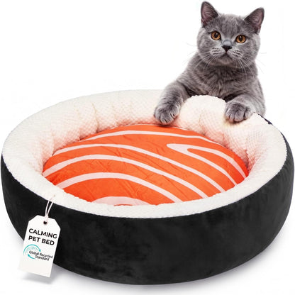 Sushi Cat Bed, Calming Small Dog Bed 21In, Washable | Anti-Anxiety Cuddler Bed for Kitten & Puppy, Ultra-Soft Plush Fur, Non-Slip Bottom, Machine Washable Cushion Pet Bed1