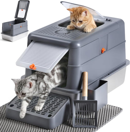 Stainless Steel Litter Box, Extra Large Enclosed Cat Litter Box with Dual Entry, Odor Control Lid & Tool-Free Assembly, Premium Metal Litter Box for Cats, Multi-Cat & Dog-Proof Homes, Grey1