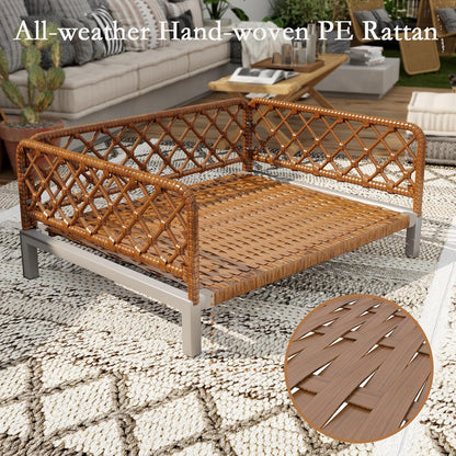 Small Dog Bed, Waterproof Elevated Dog Couch with Washable Removable White Cushion, Boho Rattan Dark Brown Wicker Orthopedic Pet Sofa for Outdoor, Indoor2