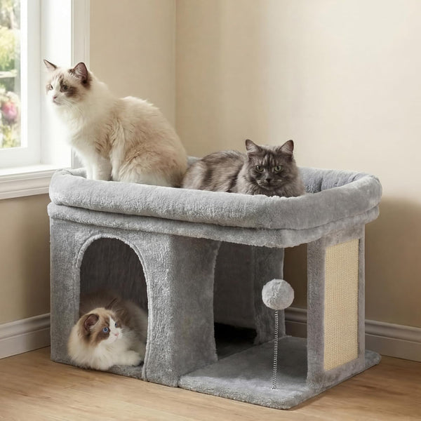 Heybly Cat Tree, 14" Cat Tower with Large Cat Bed & Condo HCT203SW | Cat Furniture for Indoor Cats Large Adult, Cat House with Scratching Posts and Spring Balls for Kittens, Light Gray1