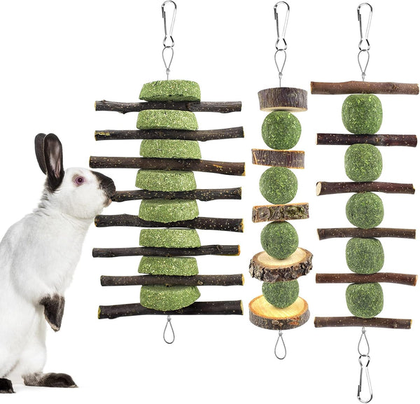 ERKOON Bunny Chew Toys, Rabbit Chew Toys for Teeth Grinding, Improve Dental Health, 100% Natural Apple Wood Timothy Grass Cake Treats for Rabbits Guinea Pigs Chinchillas Bunnies Hamsters (3 Pcs)1