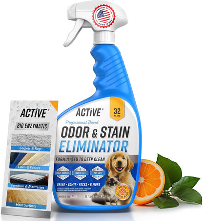 Pet Odor and Stain Eliminator - 32 Oz ACTIVE Enzyme Cleaner for Dog & Cat Urine, Stain Remover Spray for Carpet, Upholstery, Hardwood, Spot Cleaning, Deodorizer for Dogs Cats Pets - Natural Citrus Oil1
