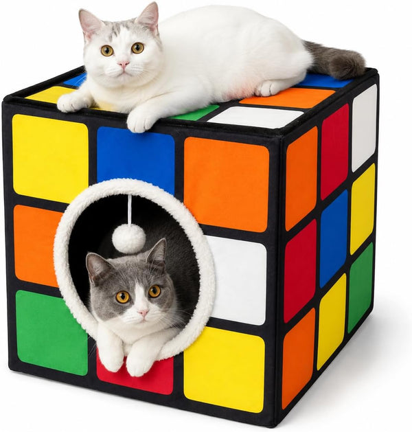 Cat Condo House with Reversible Cushions and Fluffy Ball Hanging, Foldable Magic Cube, Large Cave Bed for Indoor Cats, Unique Puzzle Shape Lagre 16.5“ X 16.5" X 16.5”1