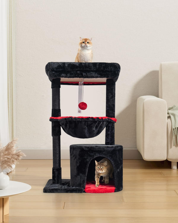 SYANDLVY Gothic Cat Tree with Coffin Bed for Indoor Cats, Modern House | Small Activity Tower with Scratching Post, Condo & Cradle, Kittens Cave, Black & Red5
