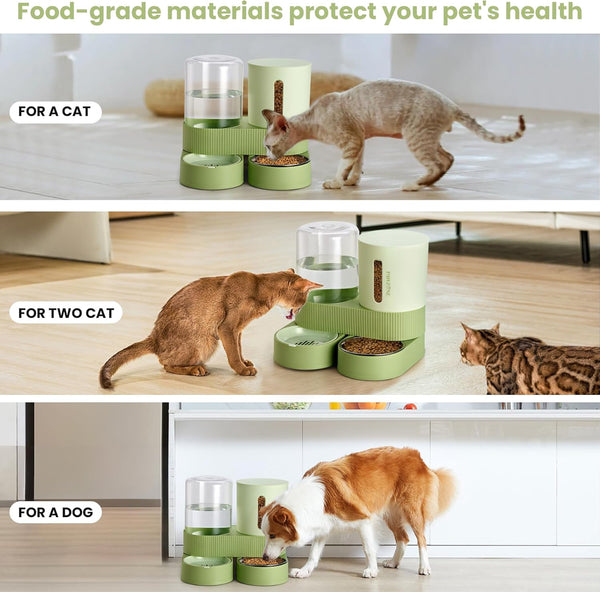 Automatic Cat Feeder Stainless Steel Water Dispenser Gravity Food Feeder and Waterer Set with Pet Food Bowl for Small Medium Kitten Puppy Pets Large Capacity(Green)6