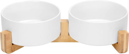 SPUNKYJUNKY Ceramic Dog and Cat Bowl with Wood Stand Non-Slip Matte Glaze Weighted Food Water Set for Cats &Small Dogs 13.5OZ26
