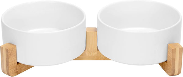 SPUNKYJUNKY Ceramic Dog and Cat Bowl with Wood Stand Non-Slip Matte Glaze Weighted Food Water Set for Cats &Small Dogs 13.5OZ26