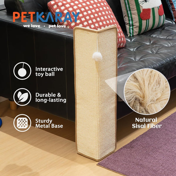 PETKARAY 27.9'' Cat Scratching Post for Couch Corner, Furniture Protector | Under-Furniture Cat Scratcher, Natural Sisal Scratch Pad, anti Scratch Couch Protector for Indoor Cats with Toy Ball2